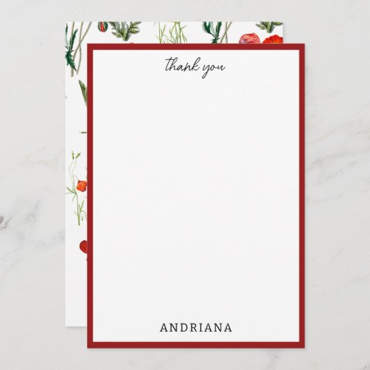 赤い水の色のポピー花模様ありがとう サンキューカード (正面/裏面)