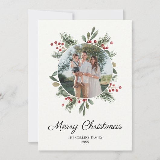 赤い水の色の弓の写真メリー素朴クリスマス シーズンカード (正面)