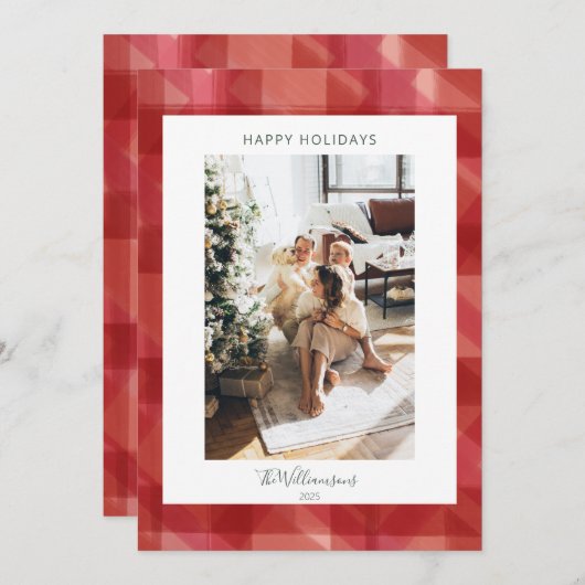 赤い水の色の格子模様の写真素朴クリスマス シーズンカード (正面/裏面)