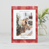 赤い水の色の格子模様の写真素朴クリスマス シーズンカード (スタンド正面)