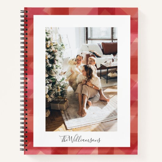 赤い水の色の格子模様の写真素朴クリスマス ノートブック (正面)
