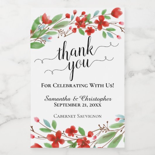 赤い水の色の花咲きありがとう結婚のミニ ワインラベル (シングルラベル)