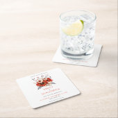 赤い水の色の花模様結婚式の日付を保存 スクエアペーパーコースター (インサイチュ)