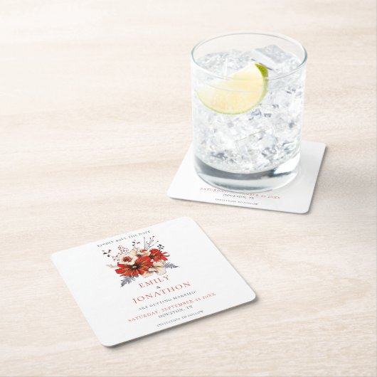 赤い水の色の花模様結婚式の日付を保存 スクエアペーパーコースター (インサイチュ)