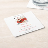 赤い水の色の花模様結婚式の日付を保存 スクエアペーパーコースター (アングル)