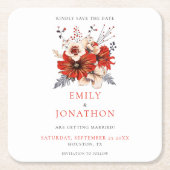 赤い水の色の花模様結婚式の日付を保存 スクエアペーパーコースター (正面)