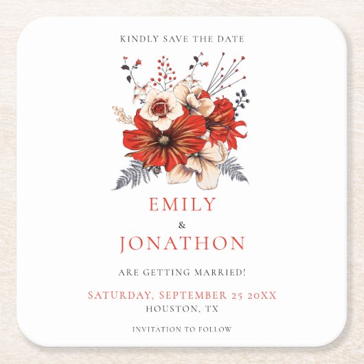 赤い水の色の花模様結婚式の日付を保存 スクエアペーパーコースター (正面)