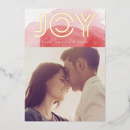 赤い水の色の金ゴールドJOYクリスマスフォト 箔シーズンカード (正面)