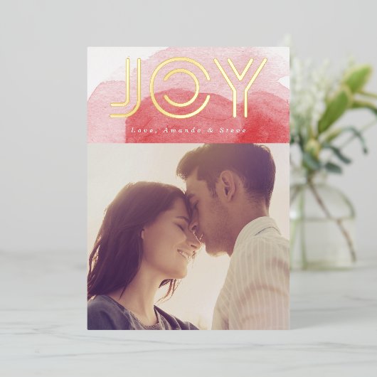 赤い水の色の金ゴールドJOYクリスマスフォト 箔シーズンカード (立ち正面)