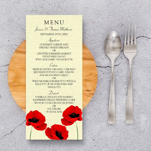 赤い水の色ポピーのフローラ結婚のメニュー ラックカード