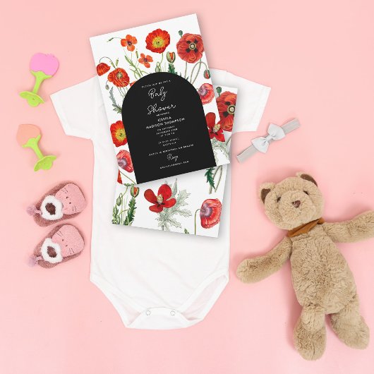 赤い水の色ポピー花模様ベビーシャワー 招待状