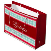 赤い水の青いクリスマスパターンパーソナライズな名前 ラージペーパーバッグ (正面アングル)