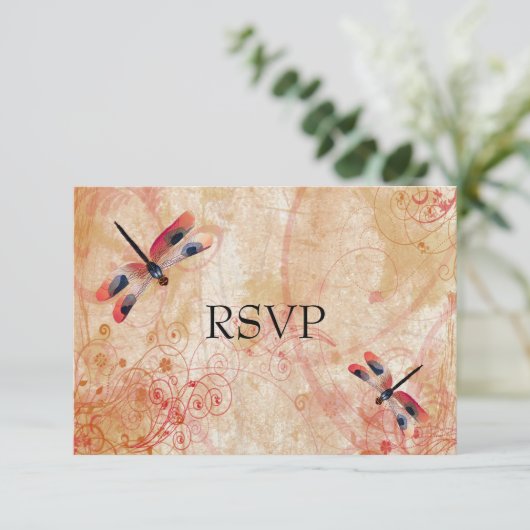 赤い水彩のトンボの結婚式の受付へ返信 出欠カード (スタンド正面)