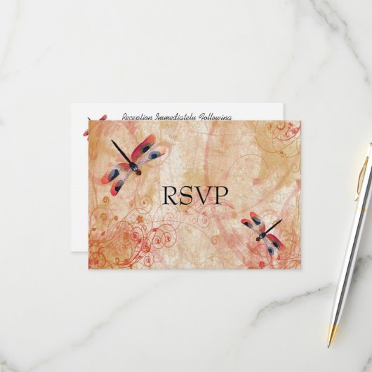 赤い水彩のトンボの結婚式の受付へ返信 出欠カード (正面/裏面インサイチュ)