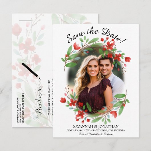 赤い水彩のフローラ結婚式日付の写真を保存 インビテーションポストカード (正面/裏面)