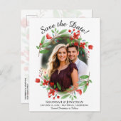 赤い水彩のフローラ結婚式日付の写真を保存 インビテーションポストカード (正面/裏面)