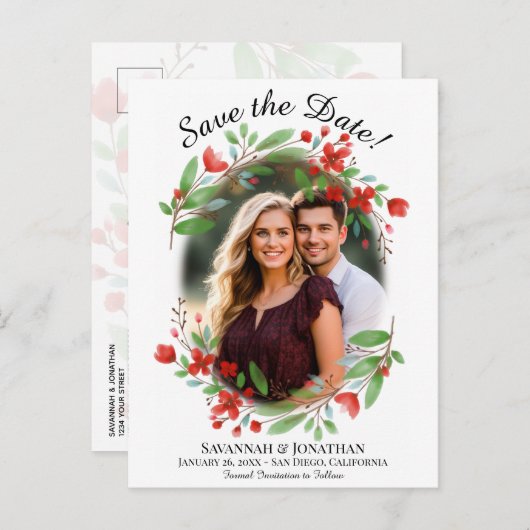 赤い水彩のフローラ結婚式日付の写真を保存 インビテーションポストカード (正面/裏面)