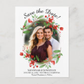 赤い水彩のフローラ結婚式日付の写真を保存 インビテーションポストカード (正面)