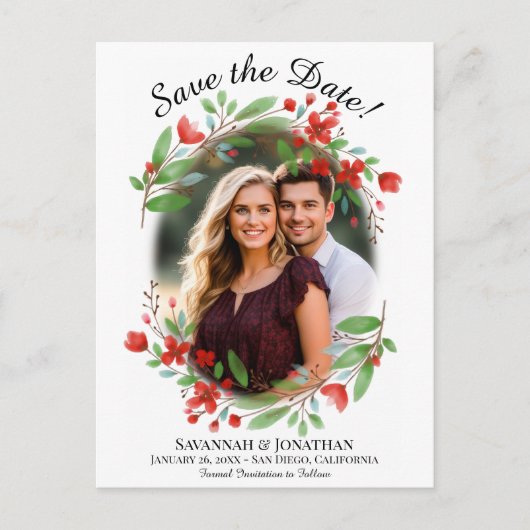 赤い水彩のフローラ結婚式日付の写真を保存 インビテーションポストカード (正面)