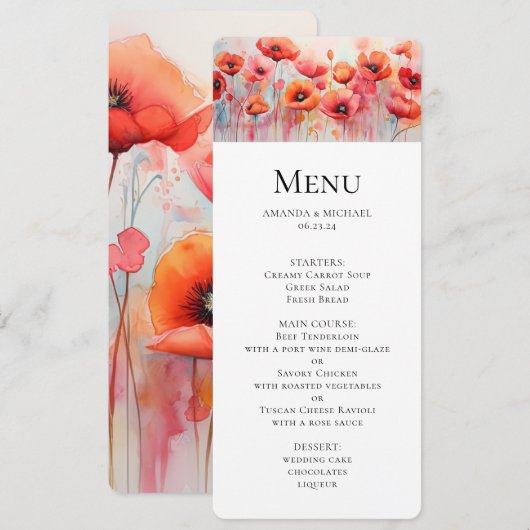 赤い水彩のポピー畑の結婚式 招待状 (正面/裏面)