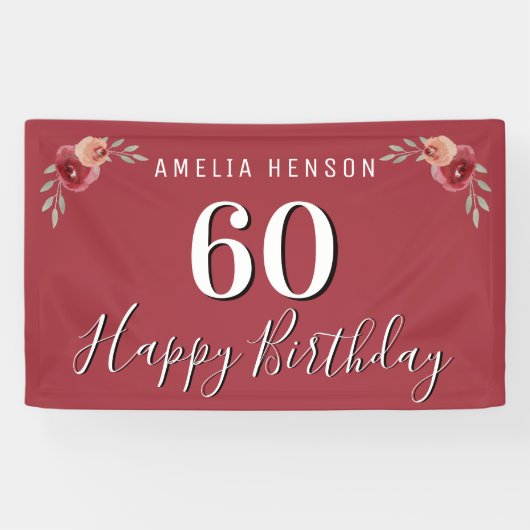 赤い水彩の花のフラワー 60歳の誕生日 横断幕 (横)