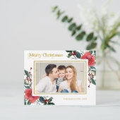 赤い水彩の花のメリークリスマス 写真 ポストカード (スタンド正面)