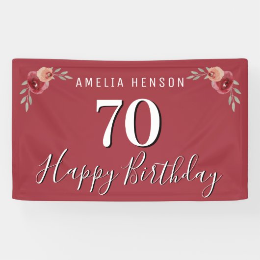 赤い水彩の花の70歳の誕生日 横断幕 (横)
