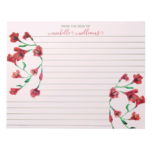 赤い水彩の花(裏パーソナライズされた) ノートパッド (正面)