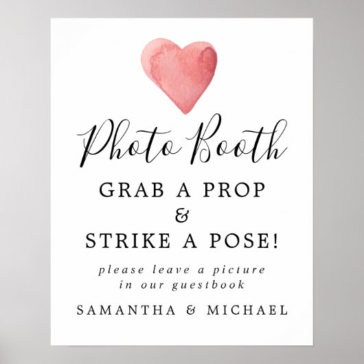 赤い水彩ハートの結婚式フォトブース看板 ポスター (正面)