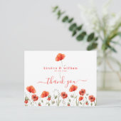 赤い水彩ポピーのウェディング、サンキュー ポストカード (スタンド正面)