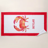 赤い水彩画のカニの海の海洋生物の海兵隊員の子供 ビーチタオル (正面)