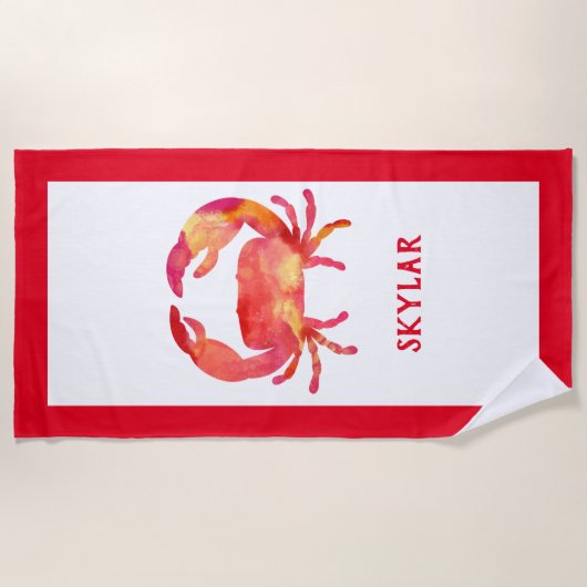 赤い水彩画のカニの海の海洋生物の海兵隊員の子供 ビーチタオル (正面)