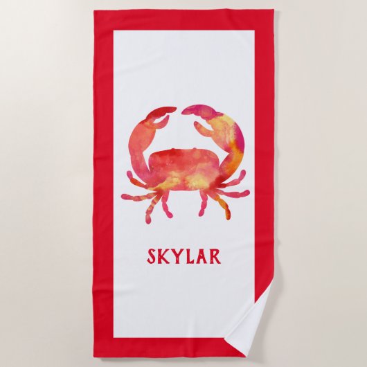赤い水彩画のカニの海の海洋生物の海兵隊員の子供 ビーチタオル (正面)