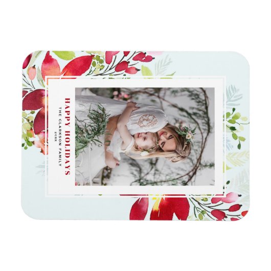 赤い水彩画のクリスマスによっては写真が開花します マグネット (横)