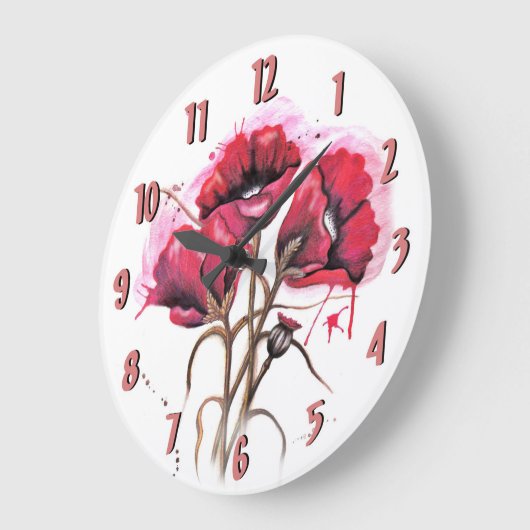 赤い水彩画のケシの時計 ラージ壁時計 (傾斜)