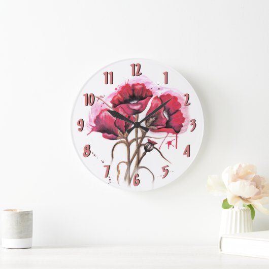 赤い水彩画のケシの時計 ラージ壁時計 (ホーム)