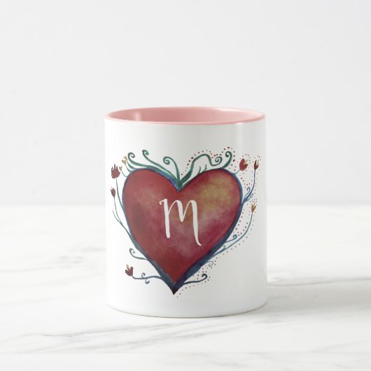赤い水彩画のハートのカスタムのイニシャルのマグ マグカップ (中央)