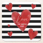 赤い水彩画のハートは及び縞で飾ります スクエアペーパーコースター (正面)