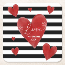 赤い水彩画のハートは及び縞で飾ります スクエアペーパーコースター