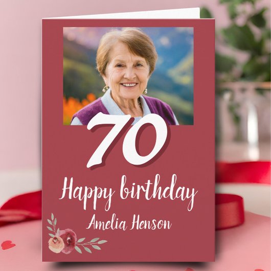 赤い水彩画のバラの写真 70歳の誕生日 カード