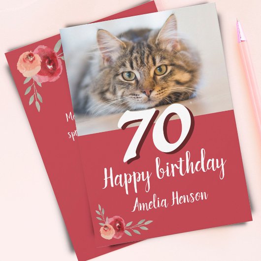 赤い水彩画のバラの猫の写真 70歳の誕生日