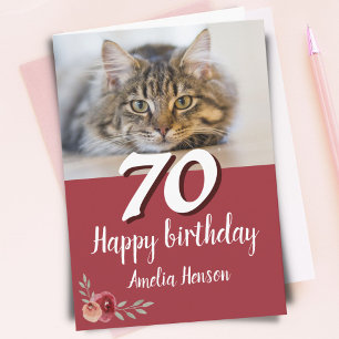赤い水彩画のバラの猫の写真 70歳の誕生日 カード