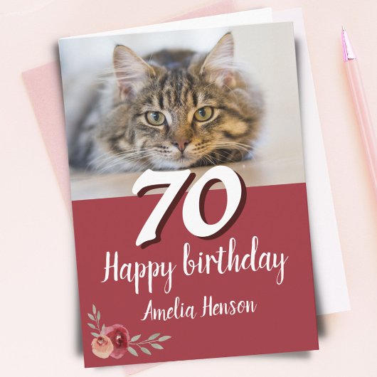 赤い水彩画のバラの猫の写真 70歳の誕生日 カード