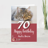 赤い水彩画のバラの猫の写真 70歳の誕生日 カード (正面)