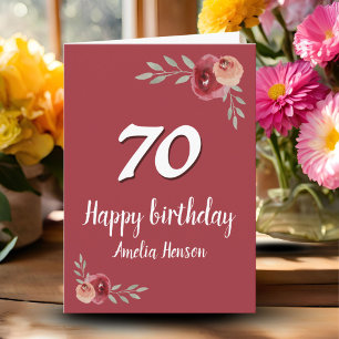 赤い水彩画のバラの花 70歳の誕生日 カード