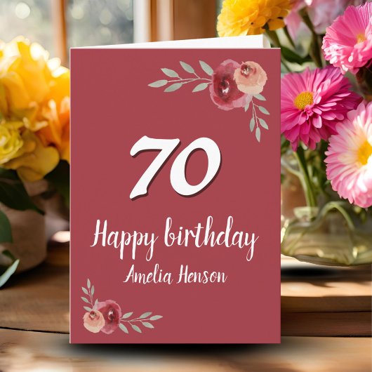 赤い水彩画のバラの花 70歳の誕生日 カード