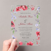 赤い水彩画のポピーとラベンダーの花のウェディング アクリル招待状 (インサイチュ (ポータブル))