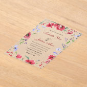 赤い水彩画のポピーとラベンダーの花のウェディング アクリル招待状 (レイダウン)