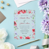 赤い水彩画のポピーとラベンダーの花のウェディング アクリル招待状 (インサイチュ (ウェディング))