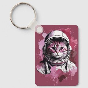 赤い水彩画の宇宙飛行士猫 キーホルダー